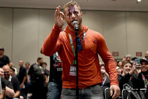 NEW YORK, NEW YORK - OCTOBER 04: Maxwell Jacob Friedman aka MJF makes a surprise appearance during the All Elite Wrestling panel during 2019 New York Comic Con at Jacob Javits Center on October 04, 2019 in New York City. (Photo by Noam Galai/Getty Images for WarnerMedia Company)