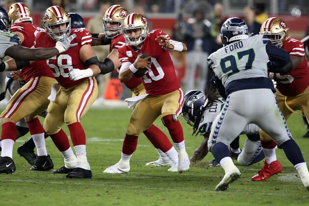 SANTA CLARA, CA - NOVEMBER 11:  Jimmy Garoppolo #10 of the San Francisco 49ers in action during the game against the Seattle Seahawks at Levi's Stadium on November 11, 2019 in Santa Clara, California.  The Seahawks defeated the 49ers 27-24.  (Photo by Rob Leiter/Getty Images)