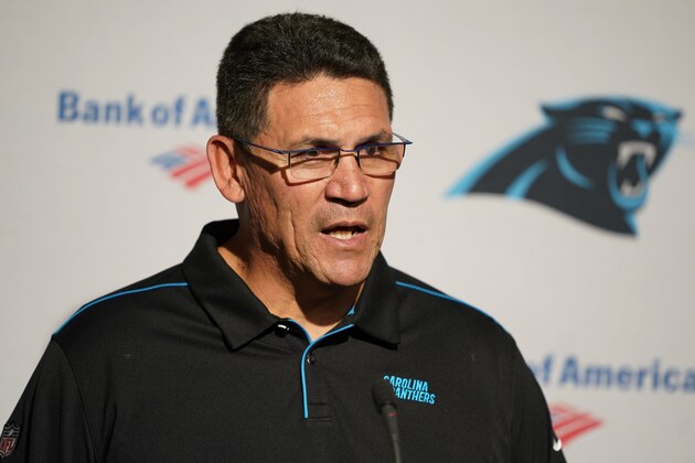 Carolina Panthers head coach Ron Rivera answers questions during a news conference after an NFL football game against the San Francisco 49ers in Santa Clara, Calif., Sunday, Oct. 27, 2019. San Francisco won the game, 51-13. (AP Photo/Tony Avelar)