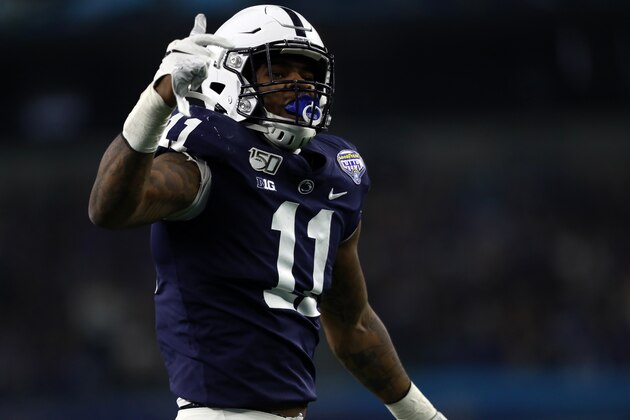 ARLINGTON, TEXAS - DECEMBER 28:  Micah Parsons #11 of the Penn State Nittany Lions reacts after a quarterback sack against Brady White #3 of the Memphis Tigers during the first half of the Goodyear Cotton Bowl Classic at AT&T Stadium on December 28, 2019 in Arlington, Texas. (Photo by Ronald Martinez/Getty Images)