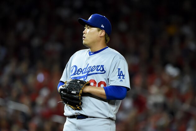WASHINGTON, DC - OCTOBER 06: Hyun-Jin Ryu #99 of the Los Angeles Dodgers pitches against the Washington Nationals in game three of the National League Division Series at Nationals Park on October 6, 2019 in Washington, DC. (Photo by Will Newton/Getty Images)