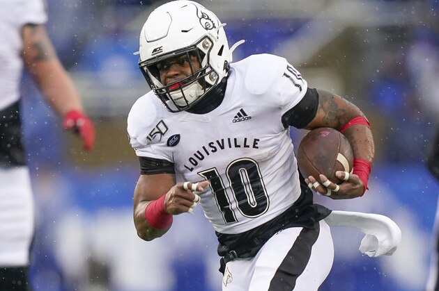 Louisville running back Javian Hawkins (10) runs the ball during the first half of the NCAA college football game against Kentucky, Saturday, Nov. 30, 2019, in Lexington, Ky. (AP Photo/Bryan Woolston) Louisville running back Javian Hawkins (10) runs the ball during the first half of the NCAA college football game against Kentucky, Saturday, Nov. 30, 2019, in Lexington, Ky. (AP Photo/Bryan Woolston)