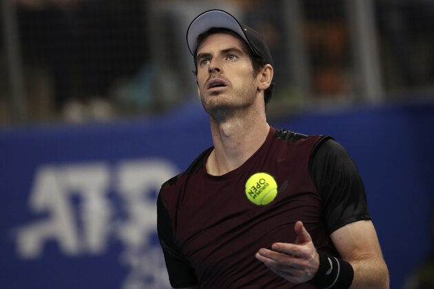 Andy Murray of Britain gets ready to serve to Stan Wawrinka of Switzerland during the European Open final tennis match in Antwerp, Belgium, Sunday, Oct. 20, 2019. (AP Photo/Francisco Seco)