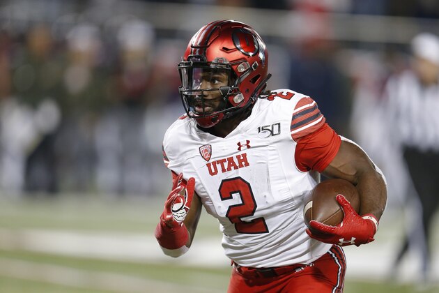 Utah running back Zack Moss runs for a first down against Utah during the first half of an NCAA college football game Saturday, Nov. 23, 2019, in Tucson, Ariz. (AP Photo/Rick Scuteri)