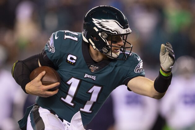 PHILADELPHIA, PA - DECEMBER 22: Carson Wentz #11 of the Philadelphia Eagles runs the ball against the Dallas Cowboys at Lincoln Financial Field on December 22, 2019 in Philadelphia, Pennsylvania. (Photo by Mitchell Leff/Getty Images)