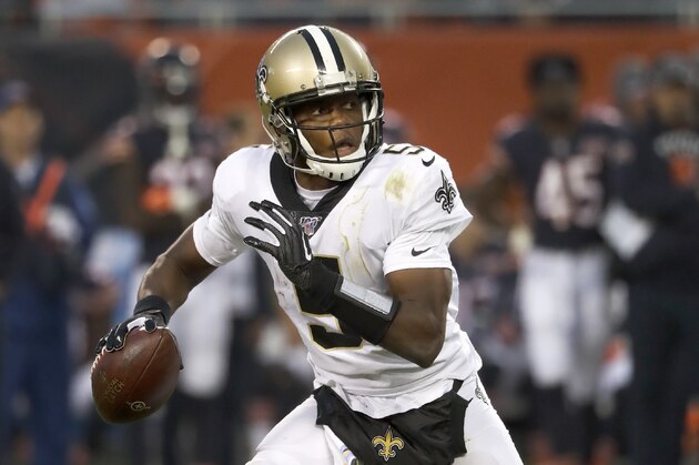 New Orleans Saints' Teddy Bridgewater scrambles during the second half of an NFL football game against the Chicago Bears in Chicago, Sunday, Oct. 20, 2019. (AP Photo/Charles Rex Arbogast)