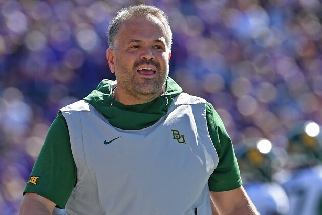 MANHATTAN, KS - OCTOBER 05:  Head coach Matt Rhule of the Baylor Bears looks down the sideline during the first half against the Kansas State Wildcats at Bill Snyder Family Football Stadium on October 5, 2019 in Manhattan, Kansas. (Photo by Peter G. Aiken/Getty Images)