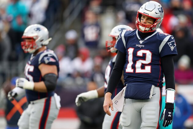 FOXBOROUGH, MASSACHUSETTS - DECEMBER 29: Tom Brady #12 of the New England Patriots reacts after throwing an incomplete pass against the Miami Dolphins  at Gillette Stadium on December 29, 2019 in Foxborough, Massachusetts. (Photo by Maddie Meyer/Getty Images)