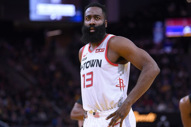 SAN FRANCISCO, CALIFORNIA - DECEMBER 25: James Harden #13 of the Houston Rockets reacts after a teammate was called for a foul against the Golden State Warriors during the second half of an NBA basketball game at Chase Center on December 25, 2019 in San Francisco, California. NOTE TO USER: User expressly acknowledges and agrees that, by downloading and or using this photograph, User is consenting to the terms and conditions of the Getty Images License Agreement. (Photo by Thearon W. Henderson/Getty Images)