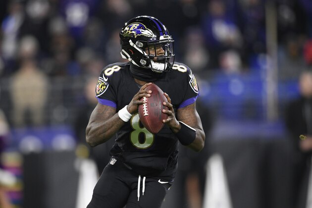 Baltimore Ravens quarterback Lamar Jackson (8) looks to pass during the first half of an NFL football game against the New York Jets, Thursday, Dec. 12, 2019, in Baltimore. (AP Photo/Nick Wass)