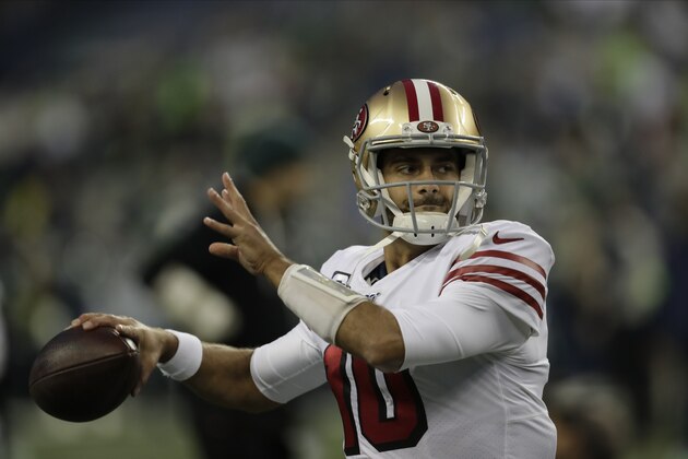 San Francisco 49ers quarterback Jimmy Garoppolo warms-up before an NFL football game against the Seattle Seahawks, Sunday, Dec. 29, 2019, in Seattle. (AP Photo/Stephen Brashear)