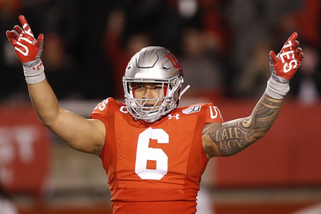 FILE - In this Nov. 30, 2019, file photo, Utah defensive end Bradlee Anae (6) celebrates after sacking Colorado quarterback Steven Montez in the second half during an NCAA college football game, in Salt Lake City. Anae was selected to The Associated Press All-Pac 12 Conference team, Thursday, Dec. 12, 2019. (AP Photo/Rick Bowmer, File)