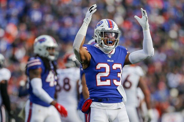 Buffalo Bills strong safety Micah Hyde (23) reacts during an NFL football game against the Denver Broncos, Sunday, Nov. 24, 2019, in Orchard Park, N.Y. (AP Photo/John Munson)