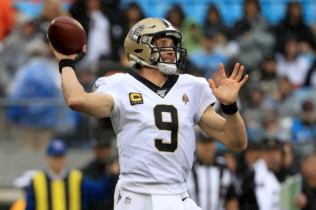 CHARLOTTE, NORTH CAROLINA - DECEMBER 29: Drew Brees #9 of the New Orleans Saints drops back to pass against the Carolina Panthers during their game at Bank of America Stadium on December 29, 2019 in Charlotte, North Carolina. (Photo by Streeter Lecka/Getty Images)