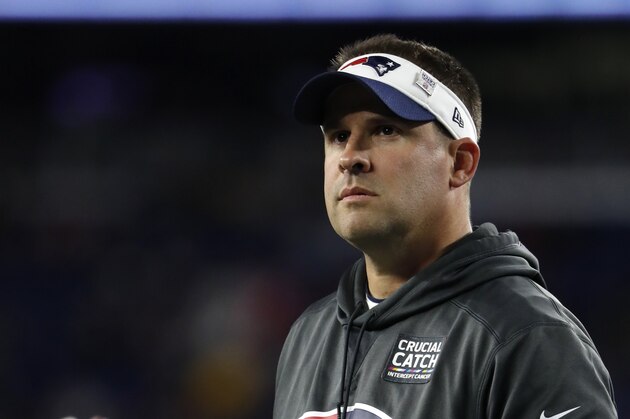 New England Patriots offensive coordinator Josh McDaniels before an NFL football game against the New York Giants, Thursday, Oct. 10, 2019 in Foxborough, Mass. (Winslow Townson/AP Images for Panini)