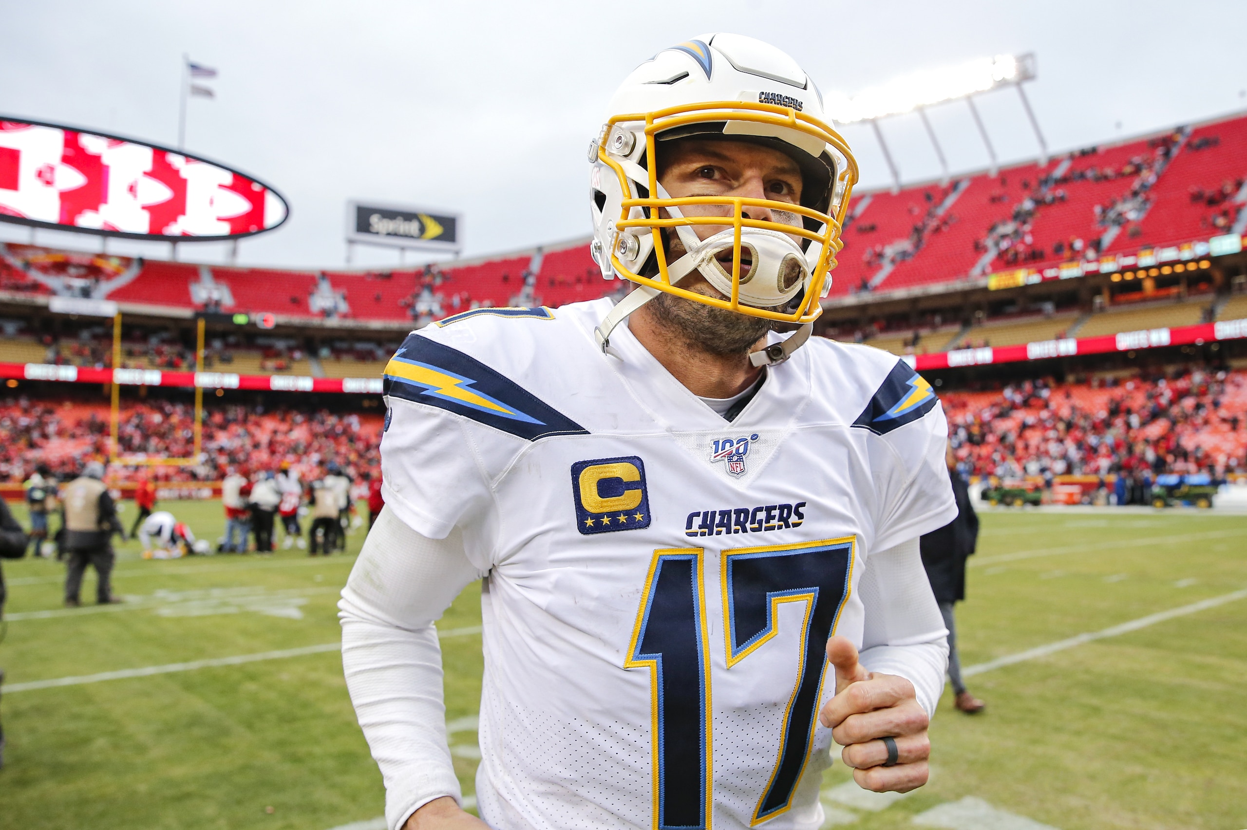 KANSAS CITY, MO - DECEMBER 29: Philip Rivers #17 of the Los Angeles Chargers ran off the field following the 31-21 loss to the Kansas City Chiefs at Arrowhead Stadium on December 29, 2019 in Kansas City, Missouri. (Photo by David Eulitt/Getty Images)