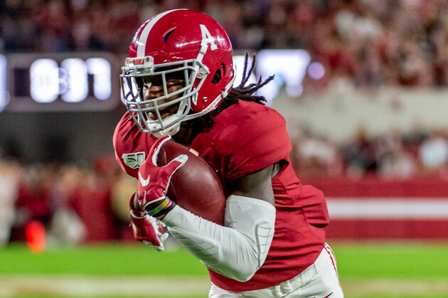 Alabama wide receiver Jerry Jeudy (4) during the first half of an NCAA college football game against Arkansas, Saturday, Oct. 26, 2019, in Tuscaloosa, Ala. (AP Photo/Vasha Hunt)