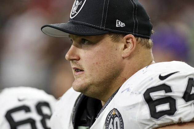 HOUSTON, TX - OCTOBER 27:  Richie Incognito #64 of the Oakland Raiders rests on the bench in the second half against the Houston Texans at NRG Stadium on October 27, 2019 in Houston, Texas.  (Photo by Tim Warner/Getty Images)