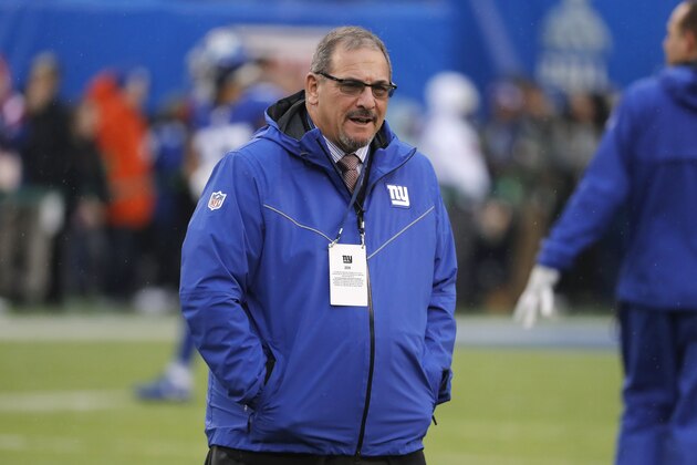 New York Giants general manager Dave Gettleman watches warm ups before an NFL football game against the Philadelphia Eagles, Sunday, Dec. 29, 2019, in East Rutherford, N.J. (AP Photo/Seth Wenig)
