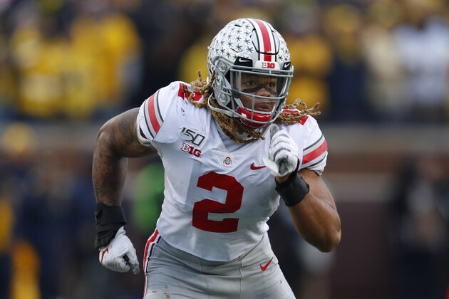 Ohio State defensive end Chase Young in the second half of an NCAA college football game in Ann Arbor, Mich., Saturday, Nov. 30, 2019. (AP Photo/Paul Sancya)