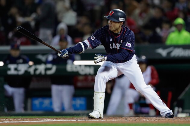 HIROSHIMA, JAPAN - NOVEMBER 13: Outfielder Shogo Akiyama #55 of Japan grounds out in the top of 5th inning during the game four between Japan and MLB All Stars at Mazda Zoom Zoom Stadium Hiroshima on November 13, 2018 in Hiroshima, Japan.  (Photo by Kiyoshi Ota/Getty Images)