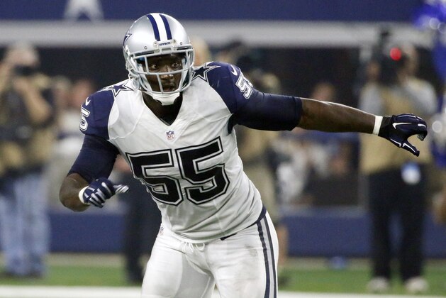 FILE - In this Nov. 26, 2015, file photo, Dallas Cowboys' Rolando McClain defends against the Carolina Panthers during an NFL football game in Arlington, Texas. McClain has been suspended indefinitely for violating the NFL’s substance-abuse policy. The suspension announced Friday, Dec. 2, 2016, likely ends McClain’s career in Dallas and is his third since the end of the 2014 season, his only full season with the Cowboys after reviving his career following a year away from the game. (AP Photo/Roger Steinman, File)