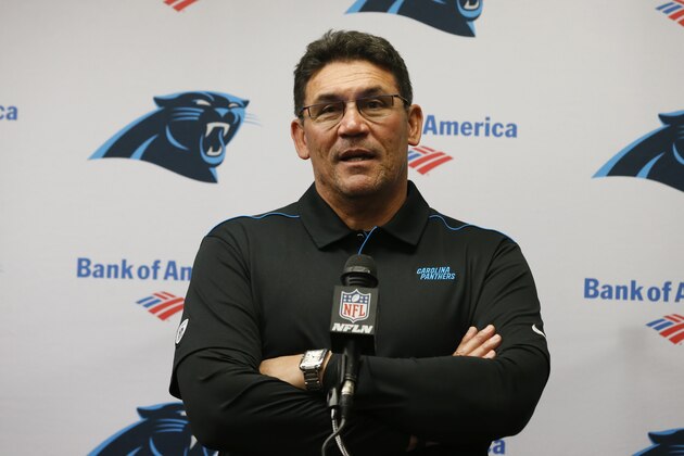 Carolina Panthers head coach Ron Rivera speaks after an NFL football game against the New Orleans Saints, Sunday, Nov. 24, 2019, in New Orleans. The Saints defeated the Panthers 34-31. (AP Photo/Butch Dill)