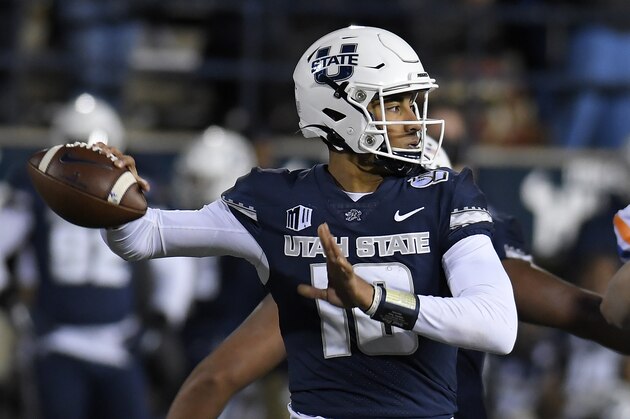 Utah State quarterback Jordan Love (10) throws the ball against Boise State during the second half of an NCAA college football game Saturday, Nov. 23, 2019, in Logan, Utah. (AP Photo/Eli Lucero)