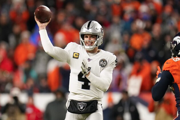 Oakland Raiders quarterback Derek Carr throws a pass during the second half of an NFL football game against the Denver Broncos, Sunday, Dec. 29, 2019, in Denver. (AP Photo/Jack Dempsey)