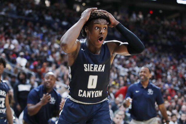 COLUMBUS, OH - DECEMBER 14: LeBron 'Bronny' James Jr. #0 of Sierra Canyon High School reacts during the Ohio Scholastic Play-By-Play Classic against St. Vincent-St. Mary High School at Nationwide Arena on December 14, 2019 in Columbus, Ohio. (Photo by Joe Robbins/Getty Images)