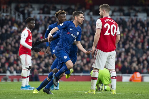 LONDON, ENGLAND - DECEMBER 29: Jorginho celebrates scoring Chelsea's first goal during to the Premier League match between Arsenal FC and Chelsea FC at Emirates Stadium on December 29, 2019 in London, United Kingdom. (Photo by Visionhaus)