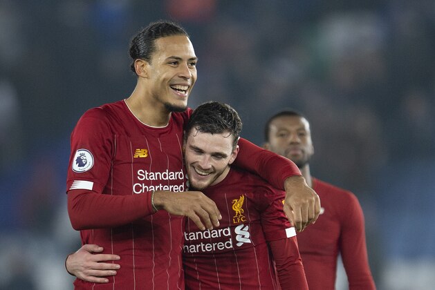 LEICESTER, ENGLAND - DECEMBER 26: Virgil van Dijk and Andrew Robertson of Liverpool celebrate after victory in the Premier League match between Leicester City and Liverpool FC at The King Power Stadium on December 26, 2019 in Leicester, United Kingdom. (Photo by Visionhaus)