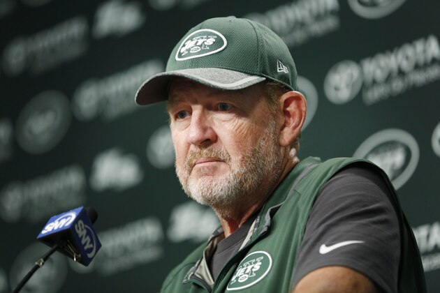 New York Jets offensive coordinator Chan Gailey talks to reporters after NFL football practice in Florham Park, N.J., Thursday, Oct. 20, 2016. Gailey was Todd Bowles' hand-picked offensive coordinator when he was hired as Jets coach last year. After a terrific 2015 season, the Jets are struggling mightily on offense, have switched quarterbacks, and it's on Gailey to get things turned around, and quickly. (AP Photo/Seth Wenig)