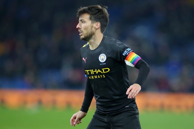 BURNLEY, ENGLAND - DECEMBER 03: David Silva of Manchester City looks on as he wears a captains arm band in support of the Rainbow Laces campaign during the Premier League match between Burnley FC and Manchester City at Turf Moor on December 03, 2019 in Burnley, United Kingdom. (Photo by Alex Livesey/Getty Images)