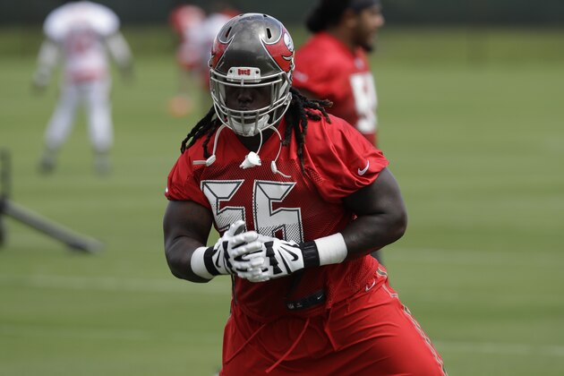 Tampa Bay Buccaneers defensive tackle Rakeem Nunez-Roches (56) during an NFL football training camp practice Saturday, July 27, 2019, in Tampa, Fla. (AP Photo/Chris O'Meara)
