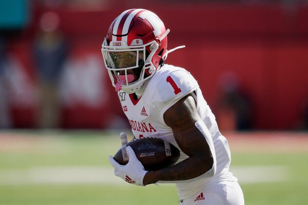 Indiana wide receiver Whop Philyor carries the ball during the first half of an NCAA college football game against Nebraska in Lincoln, Neb., Saturday, Oct. 26, 2019. (AP Photo/Nati Harnik)