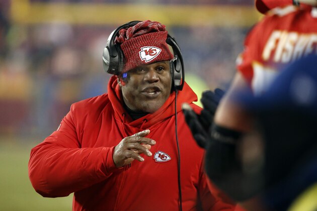 Kansas City Chiefs offensive coordinator Eric Bieniemy during the second half of the AFC Championship NFL football game, Sunday, Jan. 20, 2019, in Kansas City, Mo. (AP Photo/Charlie Riedel)