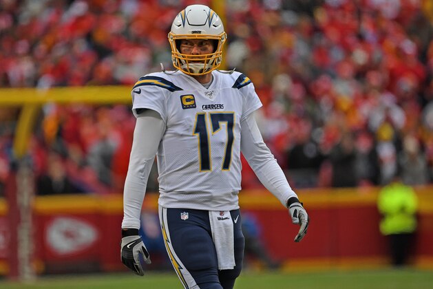 KANSAS CITY, MO - DECEMBER 29:  Quarterback Philip Rivers #17 of the Los Angeles Chargers looks to the sideline during the second half against the Kansas City Chiefs at Arrowhead Stadium on December 29, 2019 in Kansas City, Missouri. (Photo by Peter G. Aiken/Getty Images)