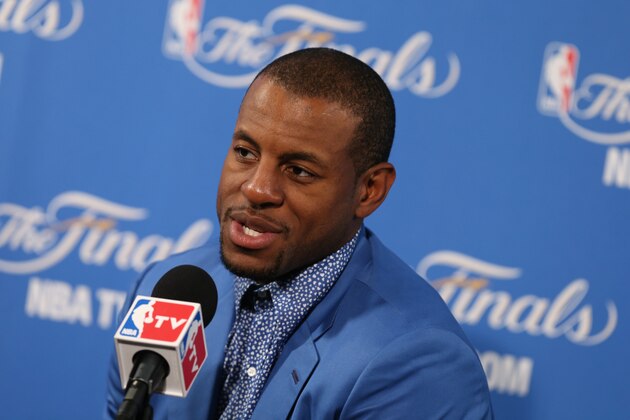 OAKLAND, CA - JUNE 4:  Andre Iguodala #9 of the Golden State Warriors speaks at the post game press conference after Game One of the 2015 NBA Finals against the Cleveland Cavaliers on June 4, 2015 at ORACLE Arena in Oakland, California. NOTE TO USER: User expressly acknowledges and agrees that, by downloading and or using this photograph, user is consenting to the terms and conditions of Getty Images License Agreement. Mandatory Copyright Notice: Copyright 2015 NBAE (Photo by Joe Murphy/NBAE via Getty Images)