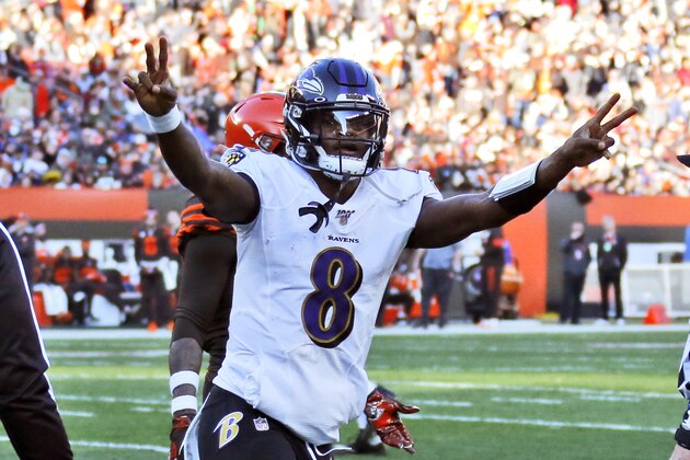 Baltimore Ravens quarterback Lamar Jackson celebrates a 12-yard touchdown pass to running back Mark Ingram during the second half of an NFL football game against the Cleveland Browns, Sunday, Dec. 22, 2019, in Cleveland. (AP Photo/Ron Schwane) Baltimore Ravens quarterback Lamar Jackson celebrates a 12-yard touchdown pass to running back Mark Ingram during the second half of an NFL football game against the Cleveland Browns, Sunday, Dec. 22, 2019, in Cleveland. (AP Photo/Ron Schwane)