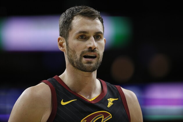 Cleveland Cavaliers' Kevin Love plays during an NBA basketball game against the Philadelphia 76ers, Saturday, Dec. 7, 2019, in Philadelphia. (AP Photo/Matt Slocum)
