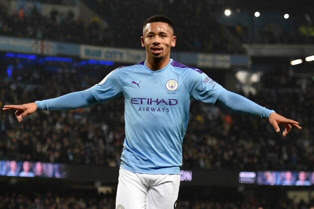 Manchester City's Brazilian striker Gabriel Jesus celebrates after scoring their second goal of the English Premier League football match between Manchester City and Everton at the Etihad Stadium in Manchester, north west England, on January 1, 2020. (Photo by Oli SCARFF / AFP) / RESTRICTED TO EDITORIAL USE. No use with unauthorized audio, video, data, fixture lists, club/league logos or 'live' services. Online in-match use limited to 120 images. An additional 40 images may be used in extra time. No video emulation. Social media in-match use limited to 120 images. An additional 40 images may be used in extra time. No use in betting publications, games or single club/league/player publications. /  (Photo by OLI SCARFF/AFP via Getty Images)
