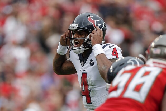 TAMPA, FL - DECEMBER 21: Quarterback Deshaun Watson #4 of the Houston Texans at the line of scrimmage calling a play during the game against the Tampa Bay Buccaneers at Raymond James Stadium on December 21, 2019 in Tampa, Florida. The Texans defeated the Buccaneers 23 to 20. (Photo by Don Juan Moore/Getty Images) TAMPA, FL - DECEMBER 21: Quarterback Deshaun Watson #4 of the Houston Texans at the line of scrimmage calling a play during the game against the Tampa Bay Buccaneers at Raymond James Stadium on December 21, 2019 in Tampa, Florida. The Texans defeated the Buccaneers 23 to 20. (Photo by Don Juan Moore/Getty Images)