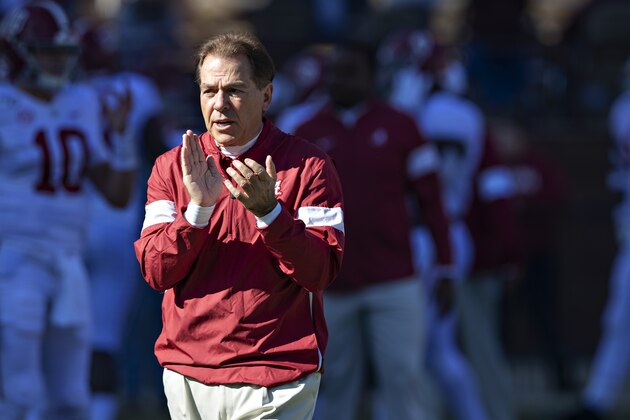FAYETTEVILLE, AR - NOVEMBER 9:   Head Coach Nick Saban of the Alabama Crimson Tide on the field watching his team warm up before a game against the Mississippi State Bulldogs at Davis Wade Stadium on November 16, 2019 in Starkville, Mississippi.  The Crimson Tide defeated the Bulldogs 38-7.  (Photo by Wesley Hitt/Getty Images)