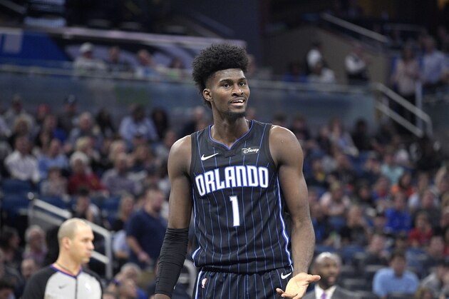 Orlando Magic forward Jonathan Isaac (1) argues with an official after being called for a foul during the first half of an NBA basketball game against the Atlanta Hawks Monday, Dec. 30, 2019, in Orlando, Fla. (AP Photo/Phelan M. Ebenhack)