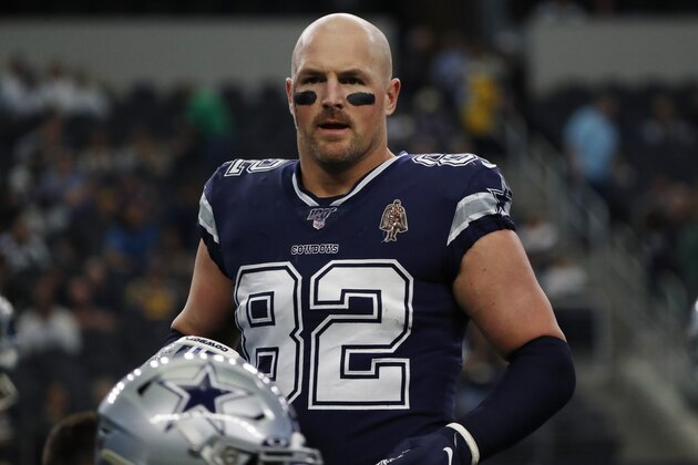 Dallas Cowboys tight end Jason Witten (82) warms up before an NFL football game against the Los Angeles Rams in Arlington, Texas, Sunday, Dec. 15, 2019. (AP Photo/Roger Steinman)