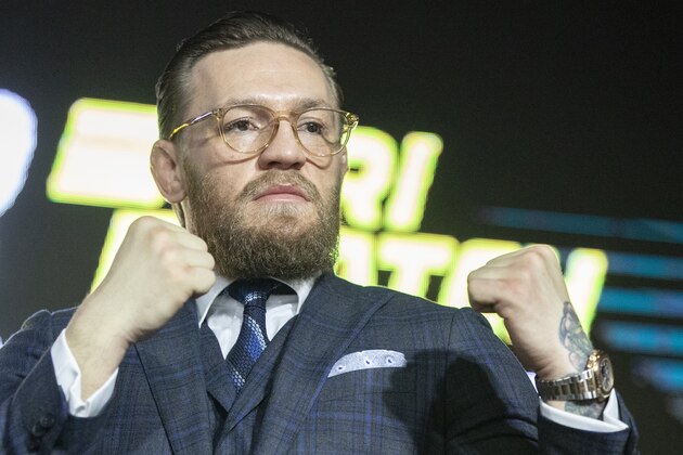 UFC (Ultimate Fighting Championship ) fighter Conor McGregor smiles during a news conference in Moscow, Russia, Thursday, Oct. 24, 2019. McGregor announced that he will fight an undisclosed opponent with the event expected to happen in Las Vegas, USA, in January 2020. (AP Photo/Pavel Golovkin) UFC (Ultimate Fighting Championship ) fighter Conor McGregor smiles during a news conference in Moscow, Russia, Thursday, Oct. 24, 2019. McGregor announced that he will fight an undisclosed opponent with the event expected to happen in Las Vegas, USA, in January 2020. (AP Photo/Pavel Golovkin)