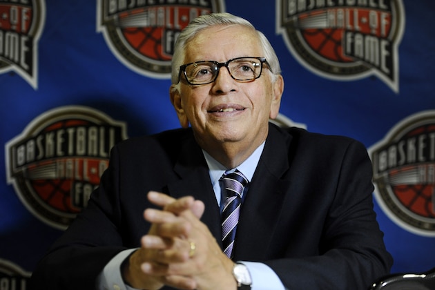 David Stern, a member of the 2014 class of inductees into the Basketball Hall of Fame, listens to question from the media during a news conference at the Naismith Memorial Basketball Hall of Fame, Thursday, Aug. 7, 2014, in Springfield, Mass. (AP Photo/Jessica Hill)