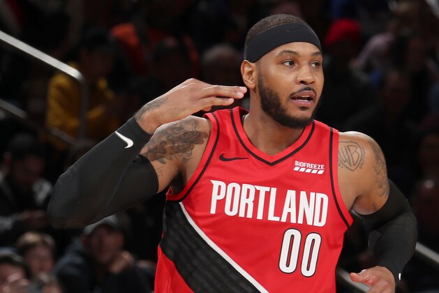NEW YORK, NY - JANUARY 1: Carmelo Anthony #00 of the Portland Trail Blazers reacts to a play against the New York Knicks on January 1, 2020 at Madison Square Garden in New York City, New York.  NOTE TO USER: User expressly acknowledges and agrees that, by downloading and or using this photograph, User is consenting to the terms and conditions of the Getty Images License Agreement. Mandatory Copyright Notice: Copyright 2020 NBAE  (Photo by Nathaniel S. Butler/NBAE via Getty Images)