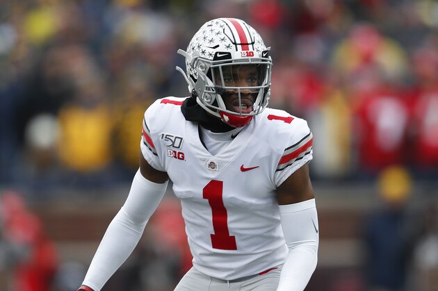 Ohio State cornerback Jeff Okudah plays against Michigan in the first half of an NCAA college football game in Ann Arbor, Mich., Saturday, Nov. 30, 2019. (AP Photo/Paul Sancya)